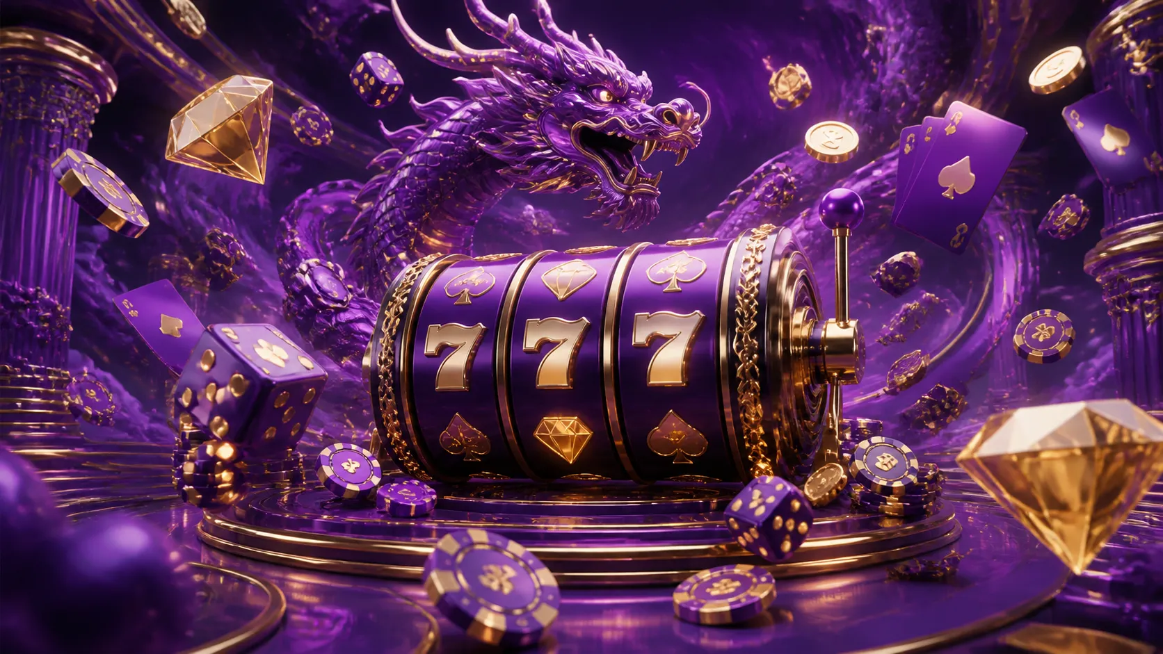 luxury themed casino hero banner for Slotrize with dynamic floating poker chips and glowing slot reels