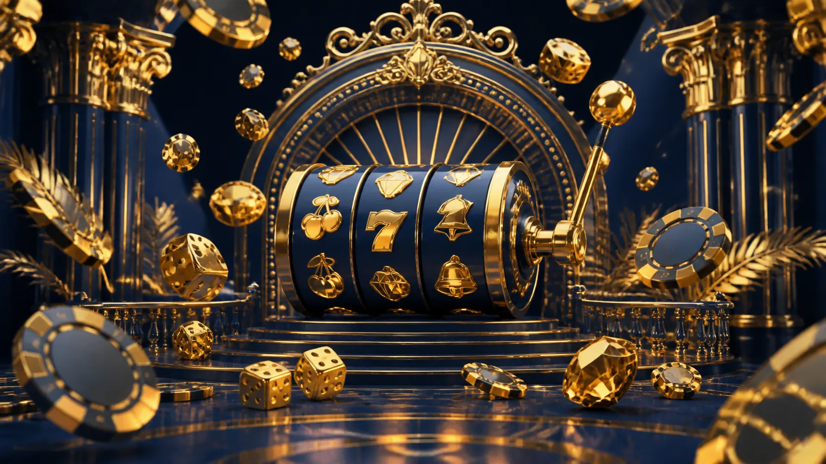 luxurious casino banner with floating poker chips and glowing slot reels